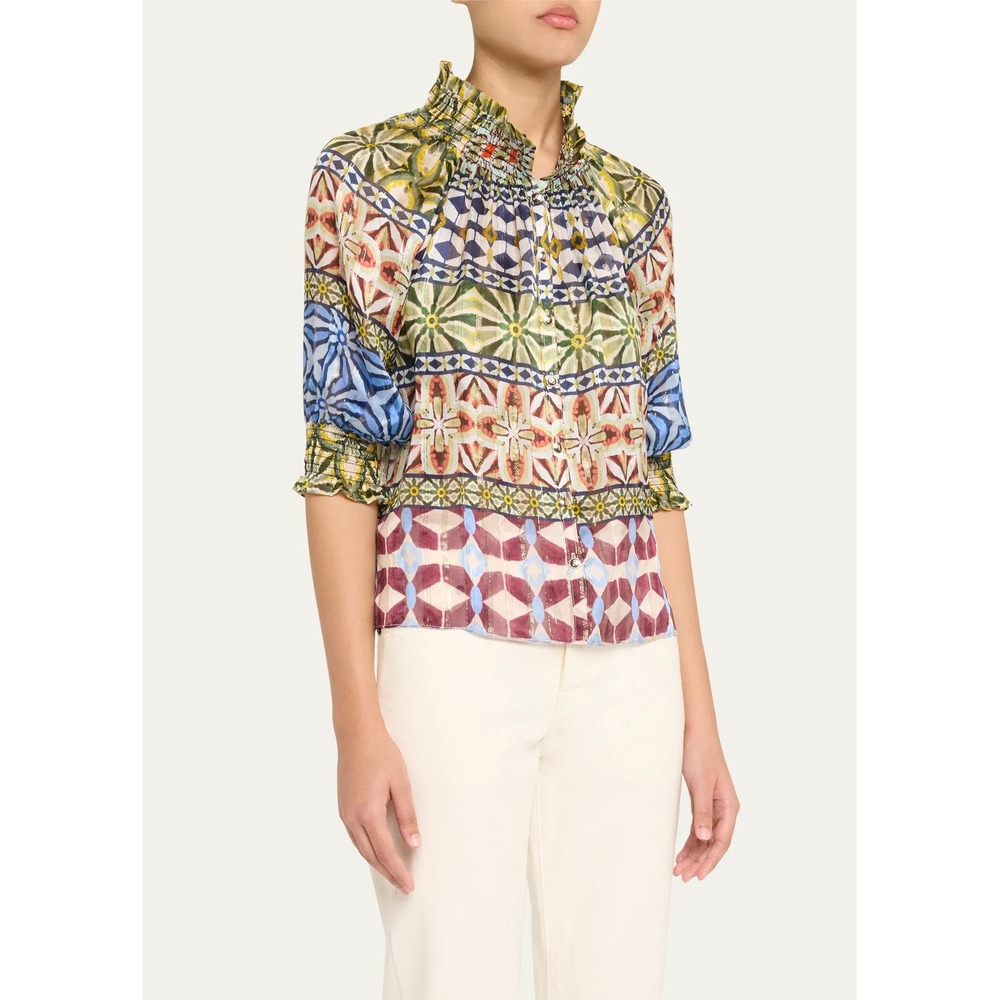 Ramy Brook Chela Smocked Neck Patchwork Metallic Blouse Blue Green L Large NWT‎